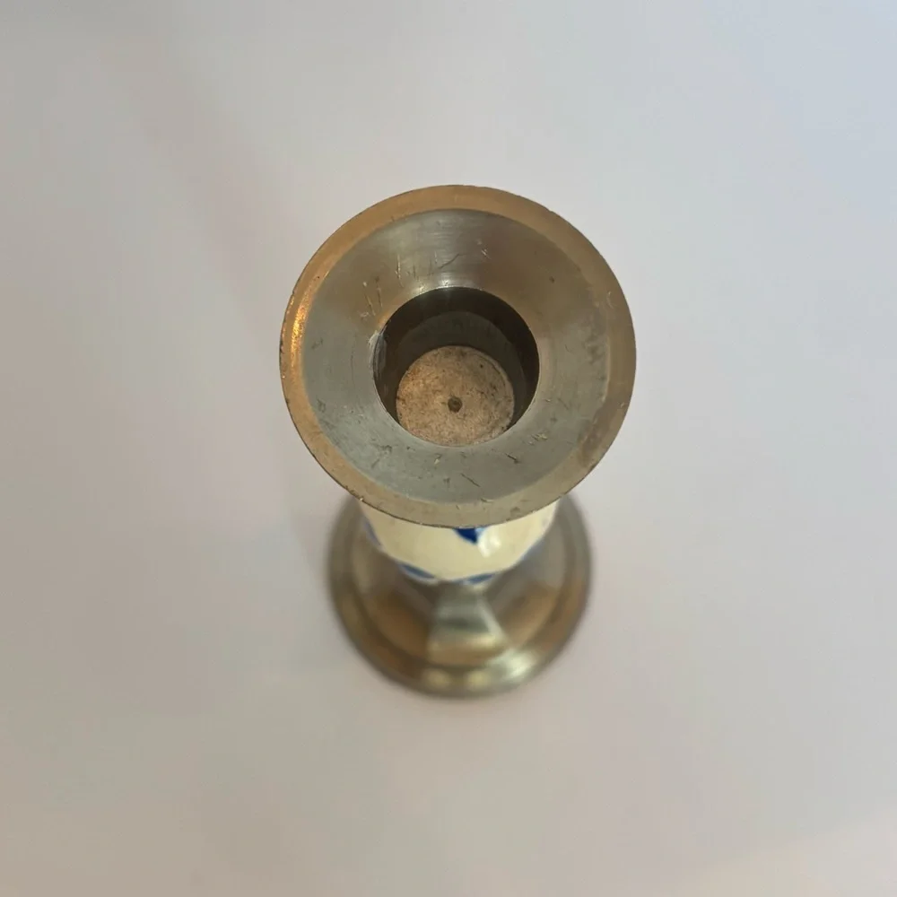 Vintage Blue & Cream Ceramic & Pewter Candlestick
